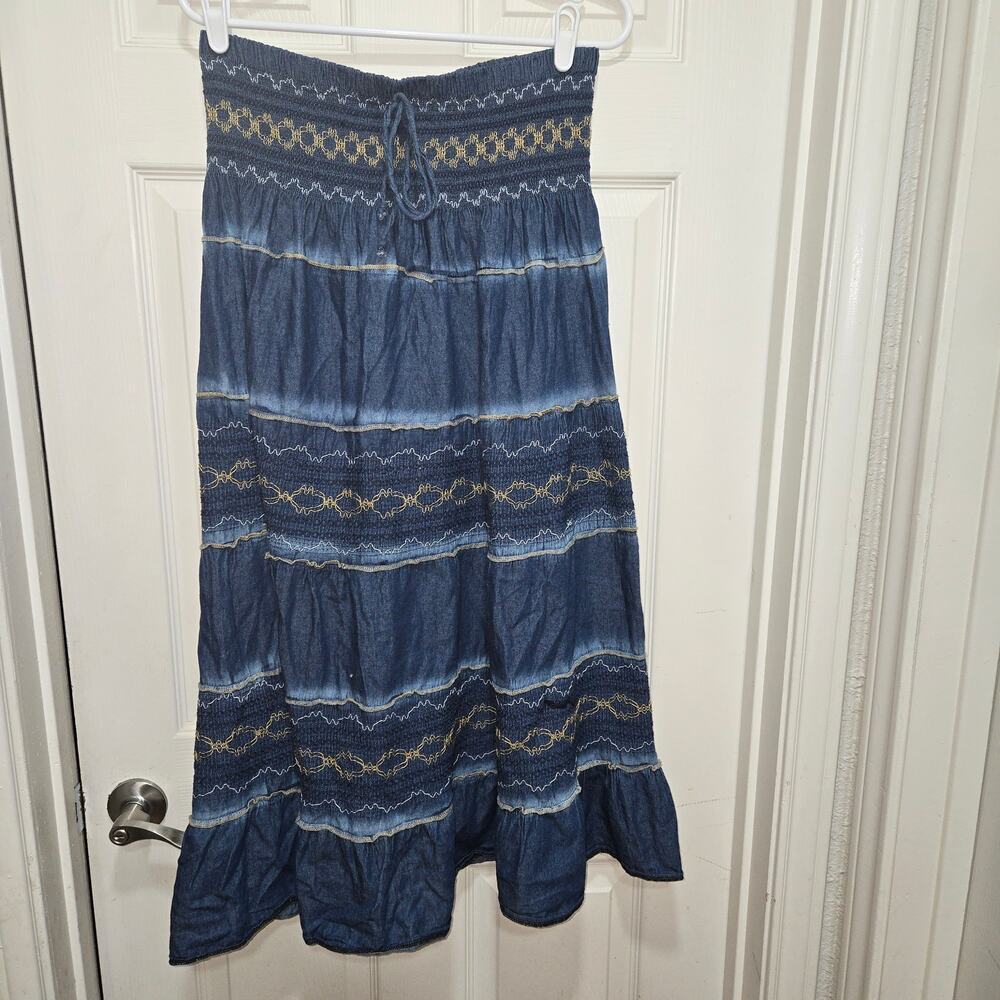 DREFBURY Embroidered Tiered Denim Maxi Skirt XL - Picture 9 of 9